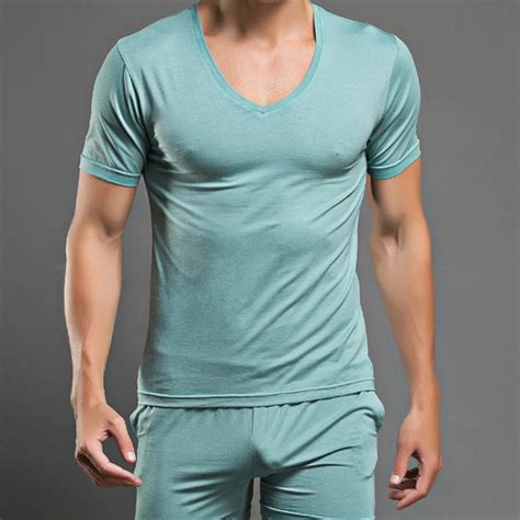 Men T Shirt Cotton Pajama Set Sleepwear Sexy Mens Underwear Tees