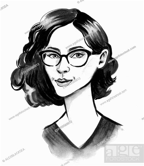 Ink Black And White Drawing Of A Pretty Woman In Glasses Stock Photo Picture And Low Budget