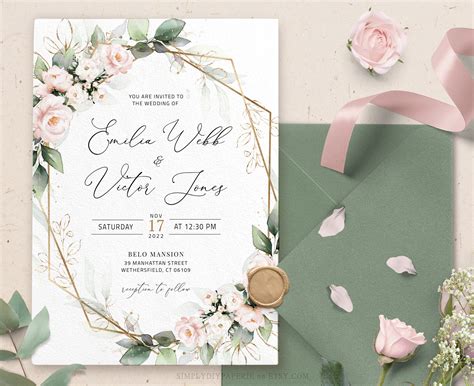 Blush Floral Wedding Invitation Template Blush Wedding Invite Etsy Canada