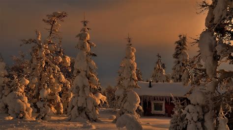 Wallpaper Pemandangan Matahari Terbenam Malam Salju Musim Dingin