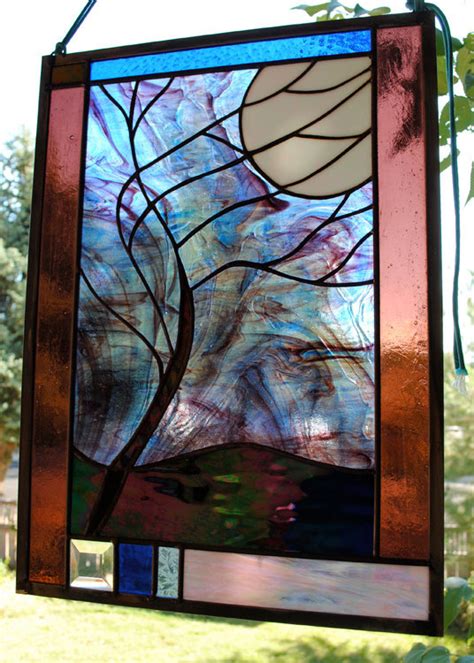 Stained Glass Window Panel Beveled Moonlit Tree Stormy Night Blue Purple Black Stained Glass
