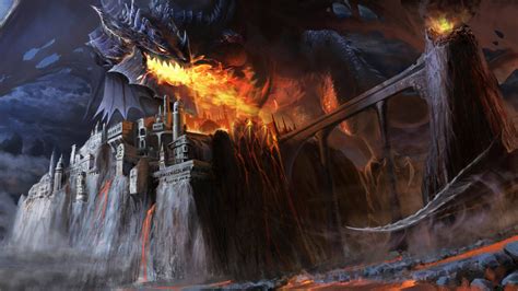 Wallpaper Dragon Black Fire Castle Bridge Lava Smoke Fantasy