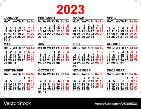 2023 Calendar Template Isolated On White Simple Vector Image