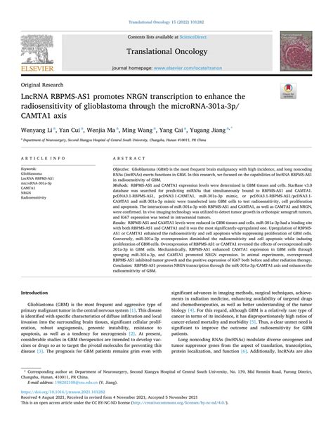 Pdf Lncrna Rbpms As Promotes Nrgn Transcription To Enhance The Radiosensitivity Of