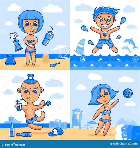 Ragazzi E Ragazze Divertenti Del Fumetto Sulla Spiaggia Illustrazione