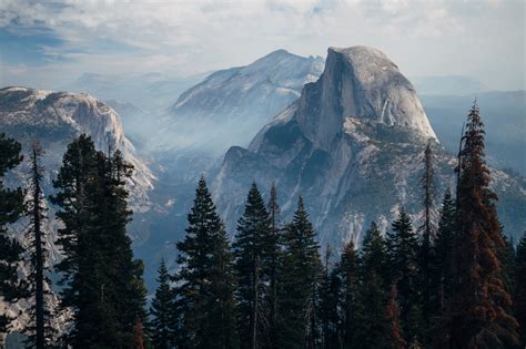 Wallpaper Usa Peak Trees Clouds Mountains Mist Rocks Yosemite