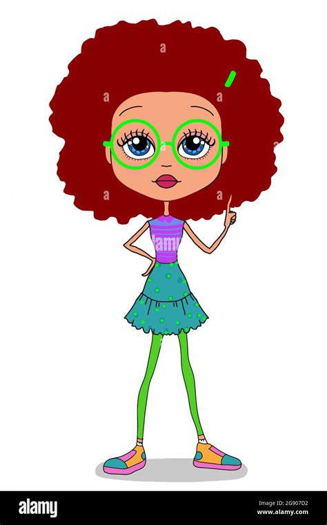 Cool Cute Girl And Red Curly Hairwearing Glasses Charactersstanding Cartoon Illustration
