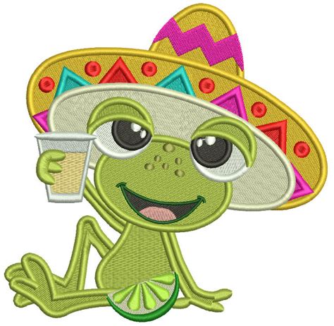 Cute Frog Wearing Sombrero Holding A Drink Filled Machine Embroidery D