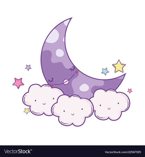 Clouds And Moon Smiling With Stars Cute Cartoons Vector Illustration