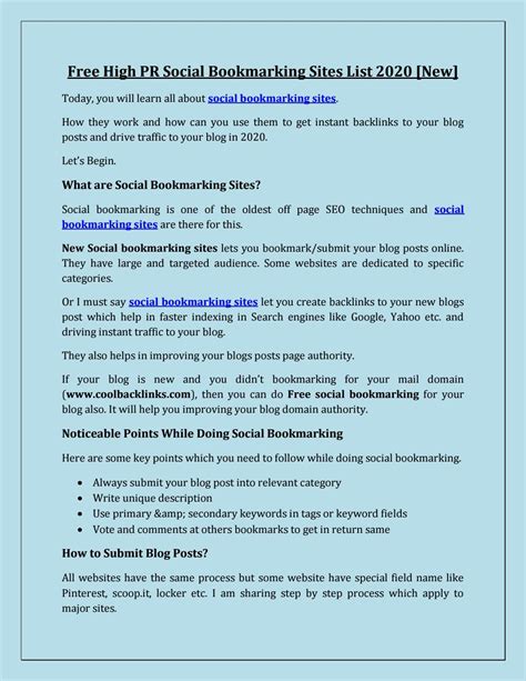 Free High Pr Social Bookmarking Sites List New Social Bookmarking Bookmarking Sites