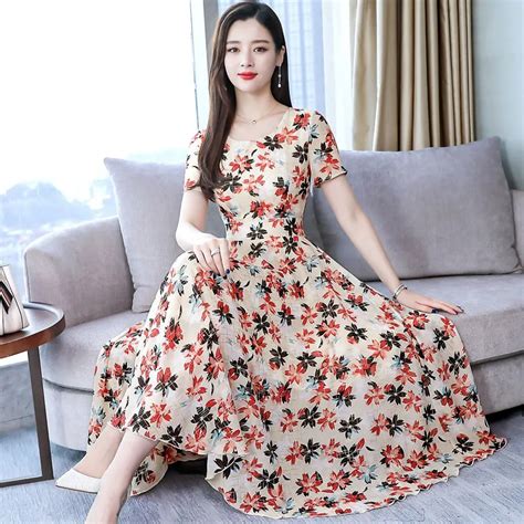 Summer Dress New Korean Fashion Women Short Sleeve Slim Waist Floral