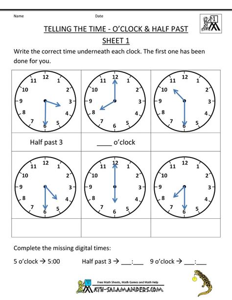 Telling Time Worksheets Oclock And Half Past Telling Time