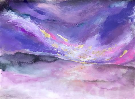 Secret Sky Abstract Landscape Purple Pick Tones Dramatic Sunset Painting By Henrieta Angel