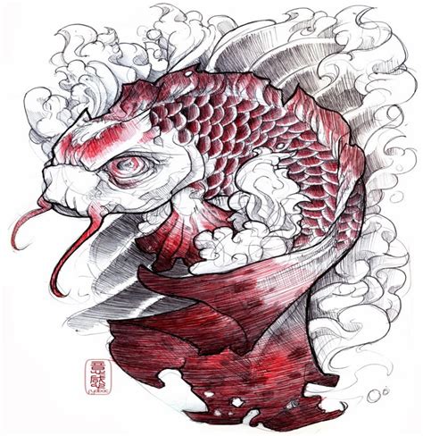 Black tribal outline star tattoo on man right bicep. Dark red koi fish in white smoke tattoo design ...