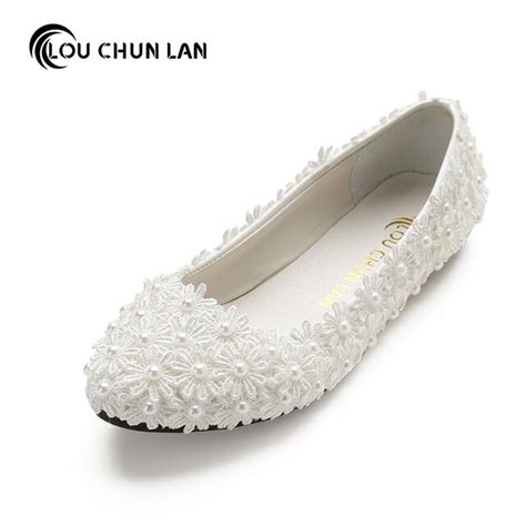 Dress Shoes Handmade Wedding Shoes Bridal Shoes White Flat Lace Pearl