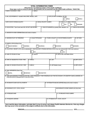 Vital Information Form Required For Non Pacific Interment Fill And Sign Printable