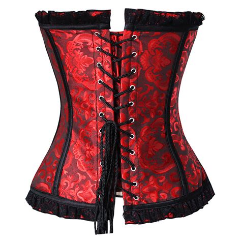 Fashion Steel Boned Red Jacquard Lace Trim Overbust Corset N10638