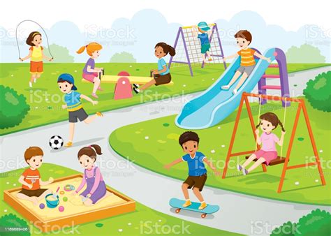 Happy Children Playing Joyfully On The Playground Stock Illustration