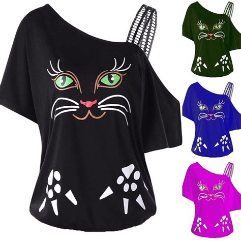 Buy Loose Fitting Printed Cat T Shirt Sexy Ladies Oblique Shoulder T Shirt Cat
