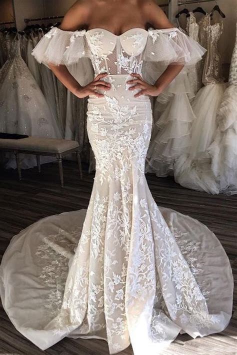 Gorgeous Mermaid Off The Shoulder Sweetheart Open Back Ivory Lace Wedding Dresses In 2020 Lace