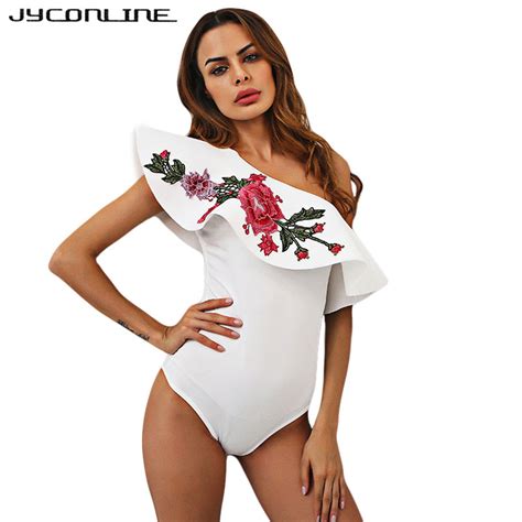 Jyconline 2017 Summer Sexy Bodysuits Women Embroidery Flower Sleeveless Ruffles One Shoulder