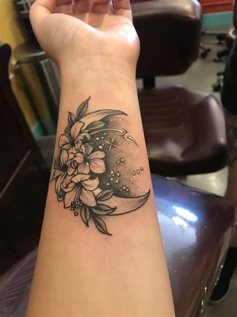 Honeysuckle Half Moon With Stars Scar Cover Up Forearm Flower Cover