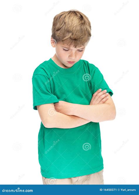 Portrait Of A Sad Little Boy Standing With Folded Stock Image Image
