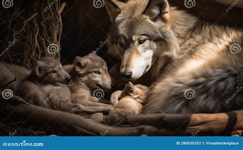 Wolf Pack S Tender Moment With Newborn Pups Stock Illustration