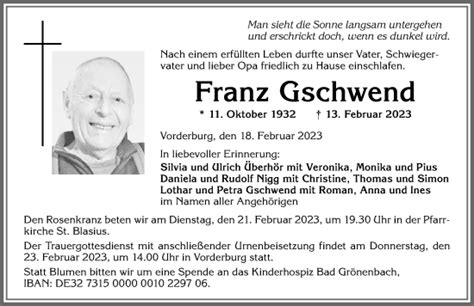 Traueranzeigen Von Franz Gschwend Allg Uer Zeitung