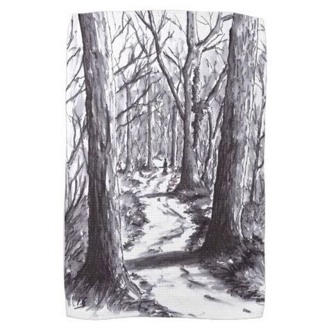 Forest Path Ink Landscape Drawing Kitchen Towel Landscape Drawings