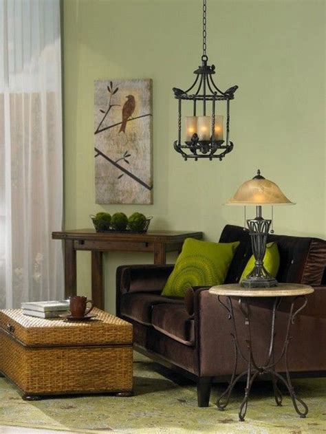 Small dark living room design. Rich brown and light green living room design.