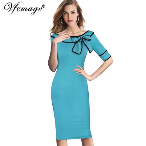 Vfemage Womens Elegant 50s Vintage Pinup Retro Rockabilly Bow Contrast Work Office Party Bodycon