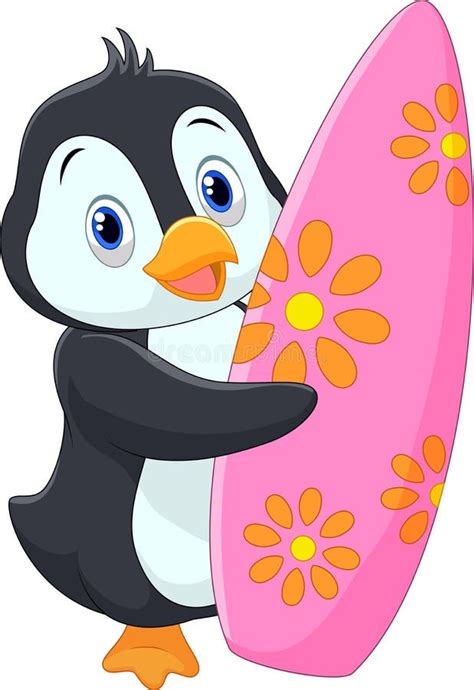 Penguin Cartoon Holding Surfing Board Stock Vector Illustration Of