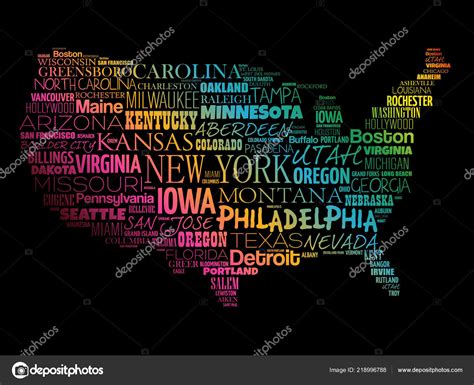Usa Map Word Cloud Collage Most Important Cities Stock Vector Image By