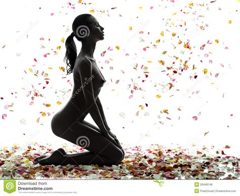 Beautiful Asian Woman Naked With Flowers Petal Silhouette Royalty Free