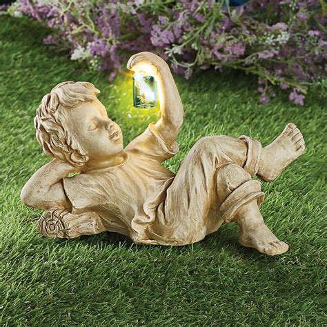 Garden Children Sculptures Solar Lighted Firefly Jar Light Boy Girl