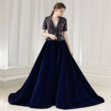 Fashion Navy Blue Suede Winter Evening Dresses 2020 A Line Princess V
