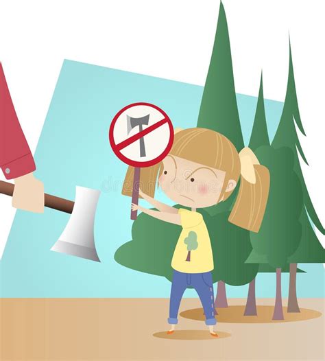 Little Girl Protecting Trees From Wood Cutters Stock Illustration