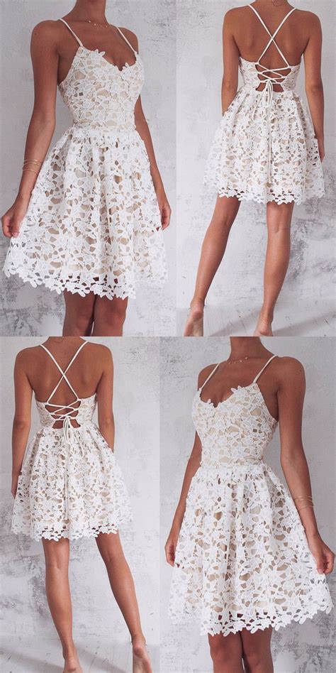 Spaghetti Straps Homecoming Dresses White Lace Homecoming Dresses Short Homecoming Dresses