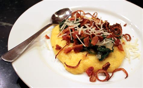 Polenta can be soft and creamy, similar to porridge, or hard and more compact. Spinach and bacon over polenta with fried shallots | Jax House