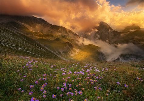 Mountain Sunset Clouds Flowers Valley Spring Nature