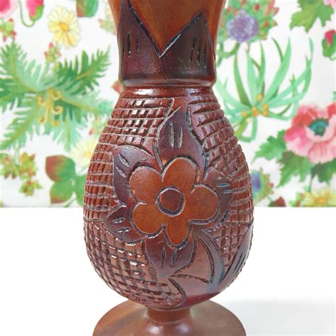 Vintage Wooden Hand Carved Vase Floral Carved Wooden Vase Boho Chic