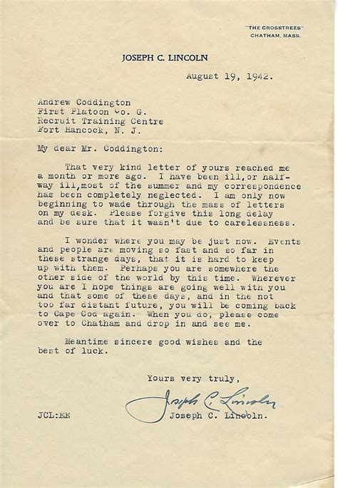 Typed Letter Signed To A Ww2 Soldier Joseph C Lincoln Typed