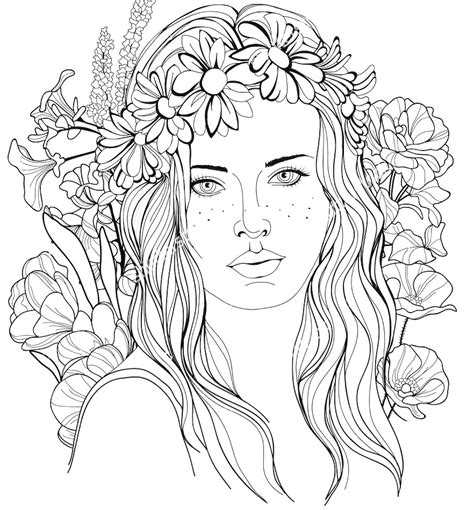 Image Of A Girl With A Floral Wreath In Her Hair Coloring Page