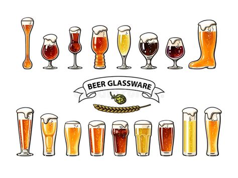 Big Vintage Set Of Different Types Of Beer Glasses Beer Glassware Guide Vector Illustration