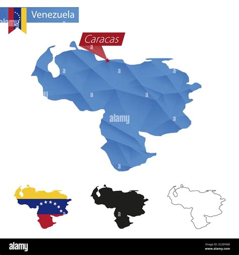 Venezuela Blue Low Poly Map With Capital Caracas Four Versions Of Map