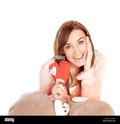 Image Of Lovely Joyful Woman Sitting Down And Covered Blanket With Red