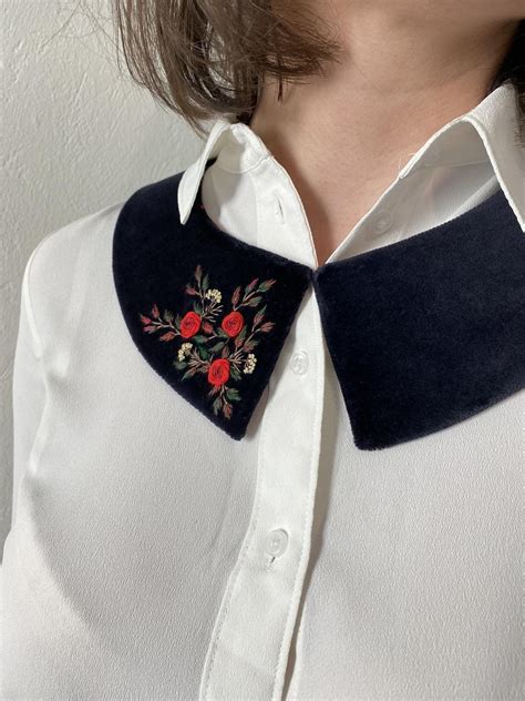 Embroidered Square Large Collar Hand Embroidered Black Etsy Rose