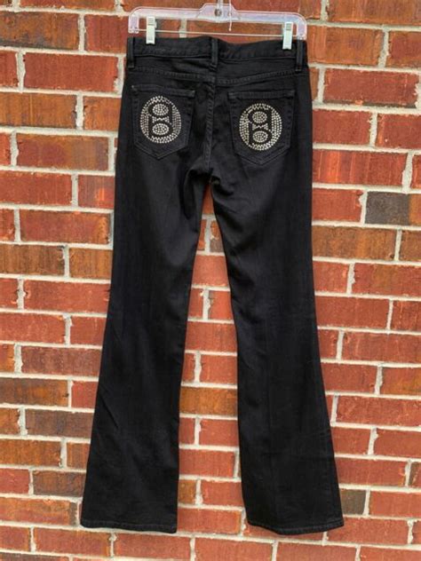 Bebe Jeans Size 26 Low Rise Denim Flair Rhinestone Black Logo Bb Jean