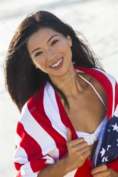 Beautiful Asian Woman Girl In American Flag On Beach Stock Photo Dmbaker